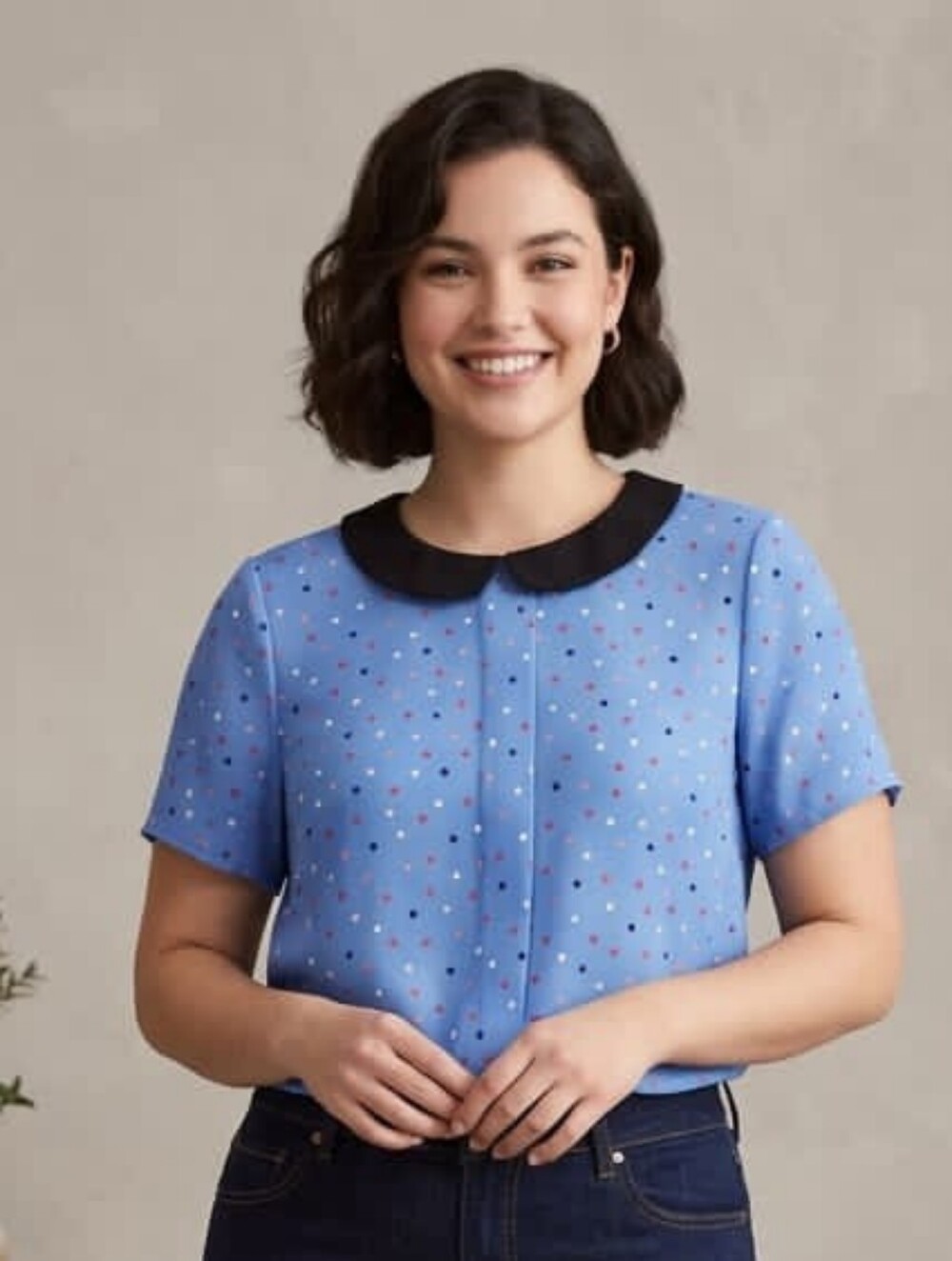 Elle Blue Polka Dot Blouse with Black Peter Pan Collar Shortsleeve Top Size M